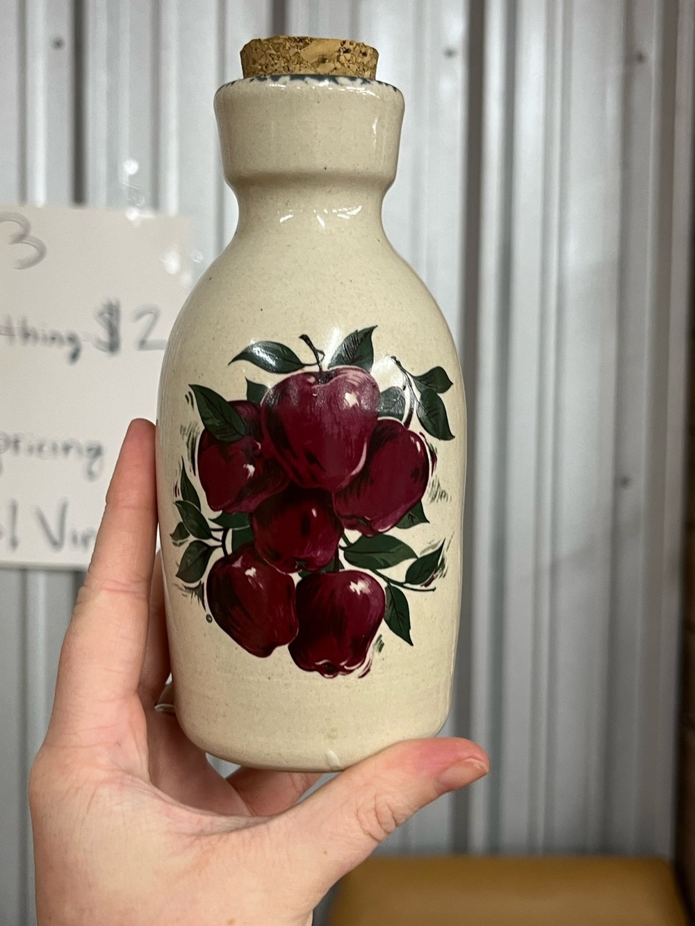 Cream Ceramic Bottle with Red Apple Motif - Decorative Home Accent